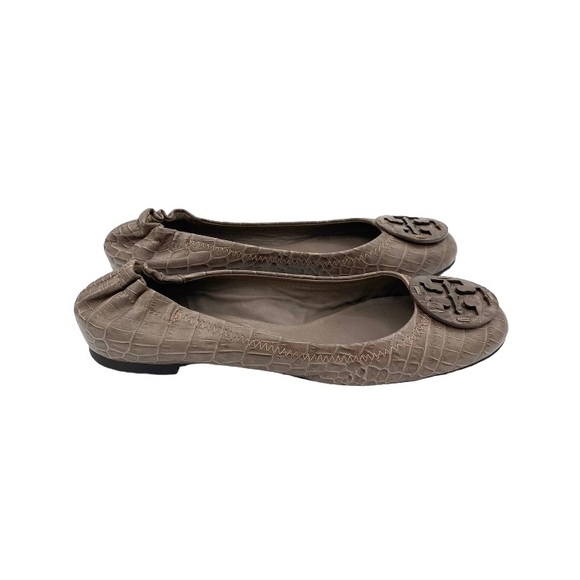Tory Burch Croc Embossed Leather Reva Scrunch Ballet Flats Beige - Picture 2 of 6